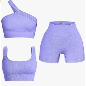 Women's 3 Piece Outfits Ribbed Seamless Exercise Scoop Neck Sports Bra One Shoul